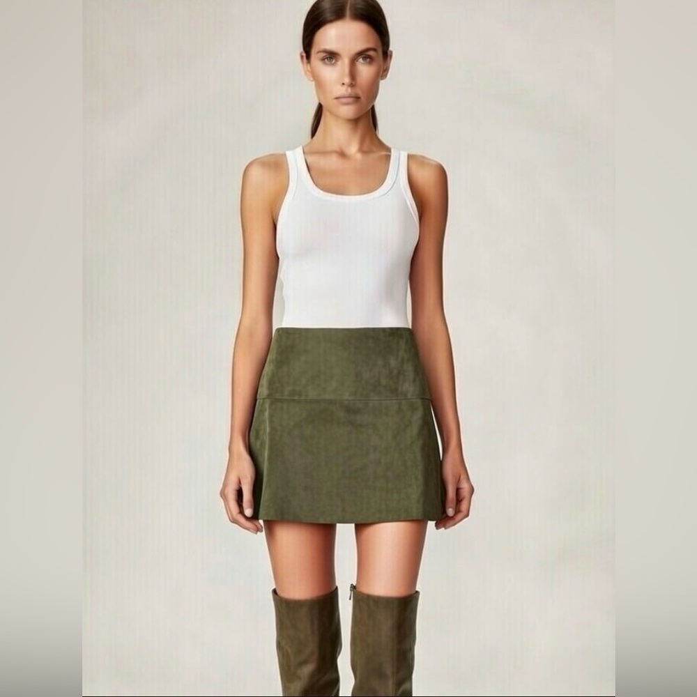 BcbgMaxAzria  Lucy Flare Sage Dusty Green Faux Suede Mini Skirt S Small $158